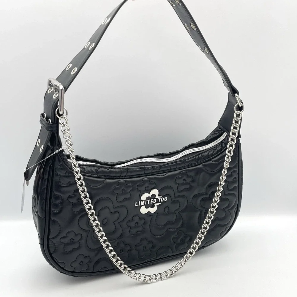 Vintage Y2K Limited Too Purse Bag Black Quilted Flower Shoulder Strap Chain EUC